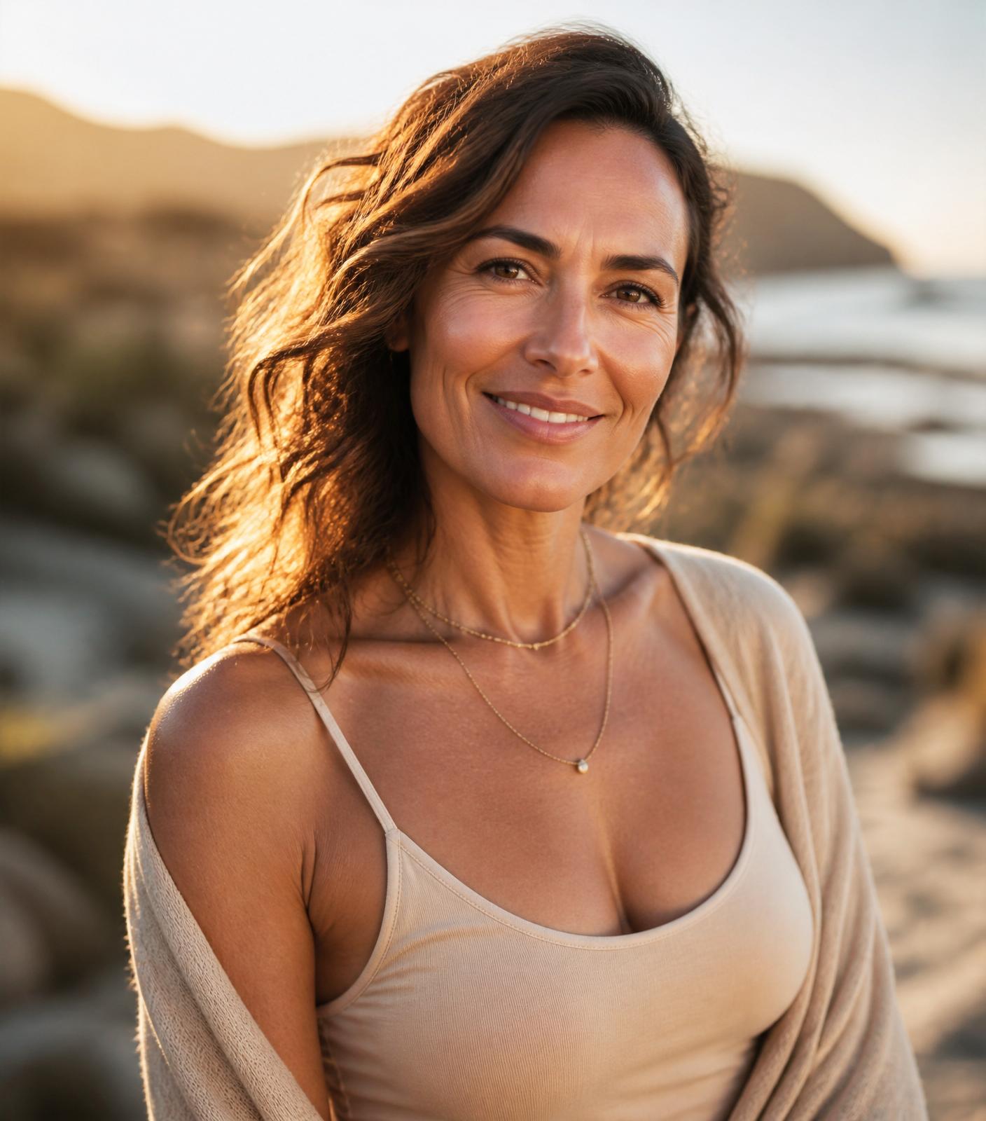 Femme rayonnante au coucher du soleil
